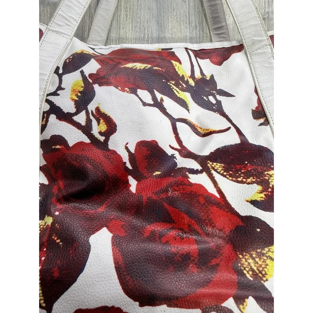 Ieena Duggal White Red Rose Floral Tote Bag Large Gold Hardware Shoulder Bag